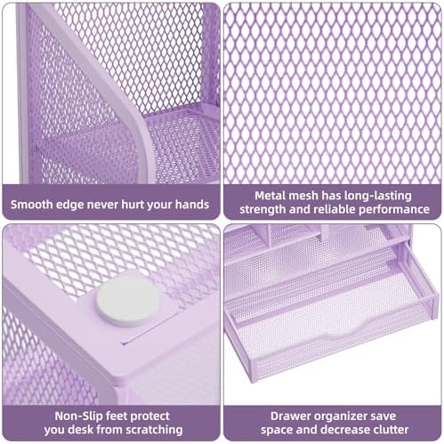 Marbrasse Mesh Pen Holder for Desk, Multi-Functional Pencil Organizer with Drawer, Desk Organizers and Accessories for Office Art Supplies (Purple)