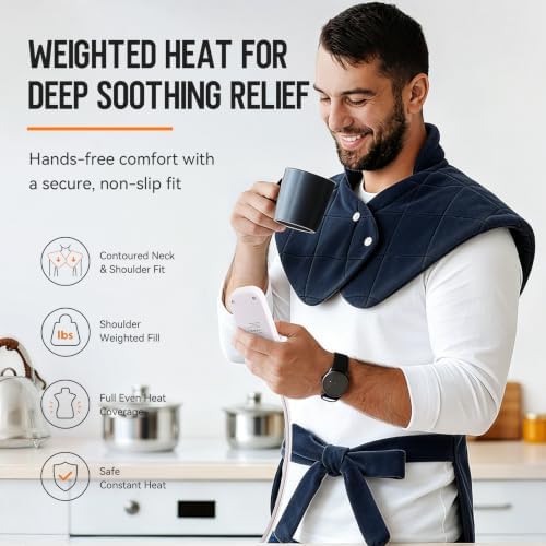 Weighted Heating Pad for Back Neck and Shoulders – Electric Shoulder Heating Wrap with 6 Heat Settings, 4 Auto-Off Timers, Fast Heating, Ultra-Soft Plush, Machine Washable – Gifts for Women and Men