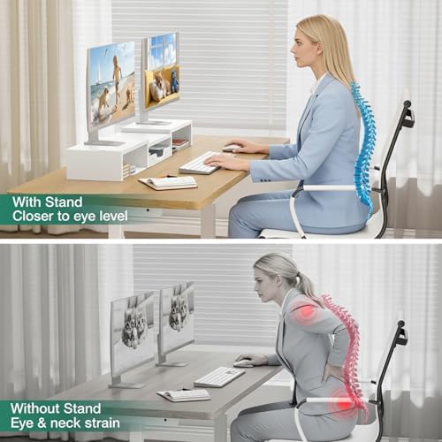 OPNICE Dual Computer Monitor Stand Riser, Desk Organizer with Drawer, Office Desk Accessories & Workspace Organizers for Home Office Supplies, White