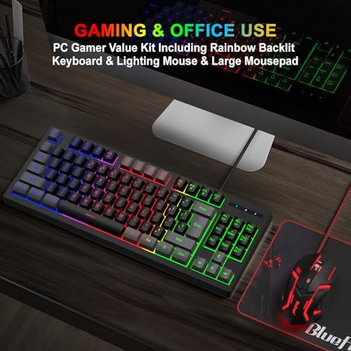 BlueFinger RGB 87 Keys Gaming Keyboard and Backlit Mouse Combo, USB Wired Rainbow Keyboard, Gaming Keyboard Set for Laptop PC Computer Game and Work(Gray & Black)