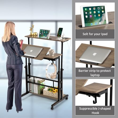 Hadulcet Rolling Stand Up Desk Adjustable Height - Portable Standing Desk with Wheels & Charging Station, Mobile Laptop Desk Small Standing Desk Drawing Table, Grey