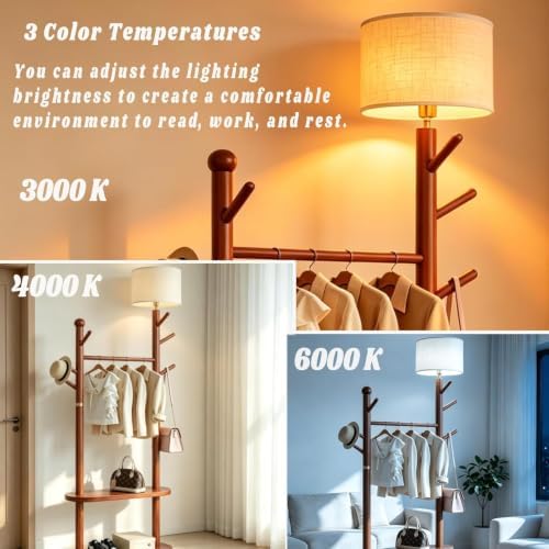 Wood Coat Rack Floor Lamp, Standing Lamp with Double Storage Shelves