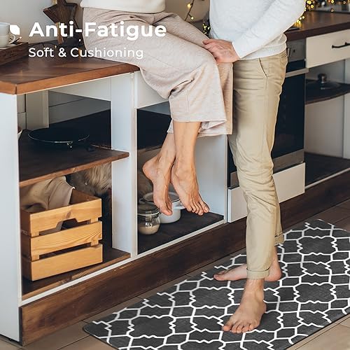FRESHMINT Kitchen Mat Set of 2, Anti-Fatigue Cushioned Kitchen Mats for Floor, Waterproof Non Slip Comfort Standing Mat, Boho Kitchen Rug for Kitchen Decor, Sink, Office, 17"x30"+17"x47", Black