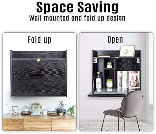 YU YUSING Wall Mounted Table, Multifunctional Fold Down Wall Mounted Laptop Computer Desk with Storage Compartments for Home, Office (Black)