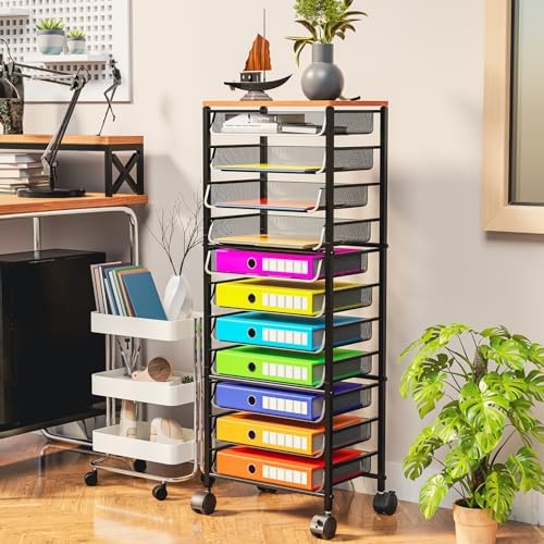 Simple Trending 12-Tier Rolling File Cart, Desk File Organizer with 11 Mesh Sliding Trays, Letter & Legal Paper Storage Rolling Utility Cart for Office Home School, Black