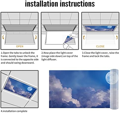 Fluorescent Light Cover Decorative Ceiling Light Filters,Moon Night Sky with Cloudy Pattern,for Classroom Office Hospitals Home Ceiling Decorative,2ft x 4ft,Blue White
