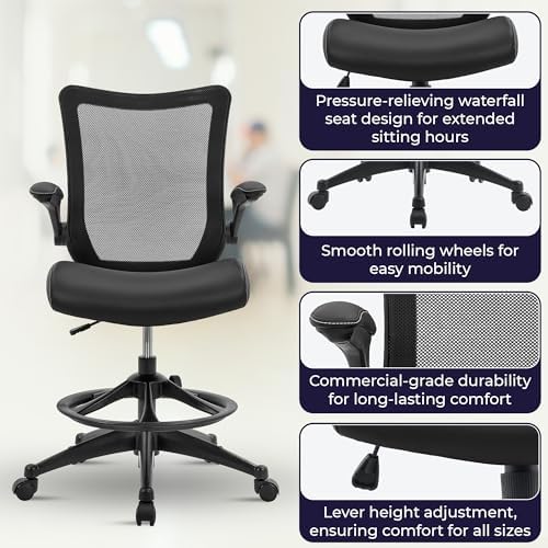 OfficeFactor Drafting Chair Tall Office Chair, 300 lb Capacity Standing Desk Chair, Adjustable & Ergonomic Desk Chair, Flip-Up Armrests, Mesh Back, Comfortable Leather (Black)