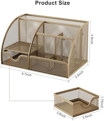 EasyPAG Mesh Desk Organizer with Drawer Multi-functional Pen Holder Stationery Organizer for Office School Supplies 6 Compartments Dorm Organizers and Storage for Desk, Gold