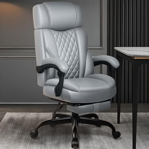 Executive Leather Office Chair, Big and Tall Office Chair with Footrest Home Office Desk Chairs, Ergonomic Computer Desk Chair with Lumbar Support, Reclining Desk Chair with Adjustable Angle