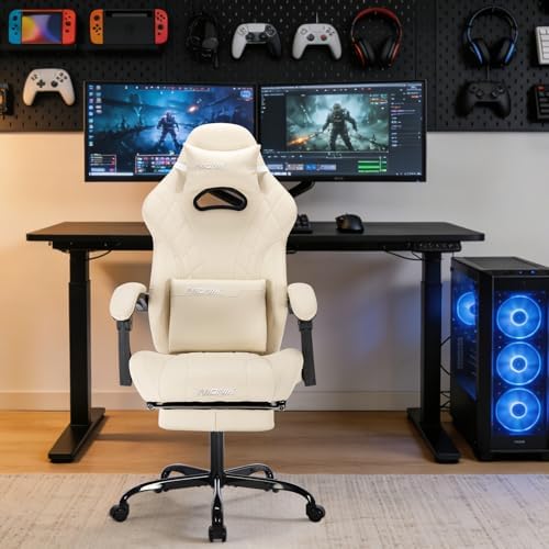 Gaming Chair with Footrest and Massage Lumbar Support, Ergonomic Computer Gamer Chair, Office Video Game Chairs with Adjustable Height and Backrest (Beige)