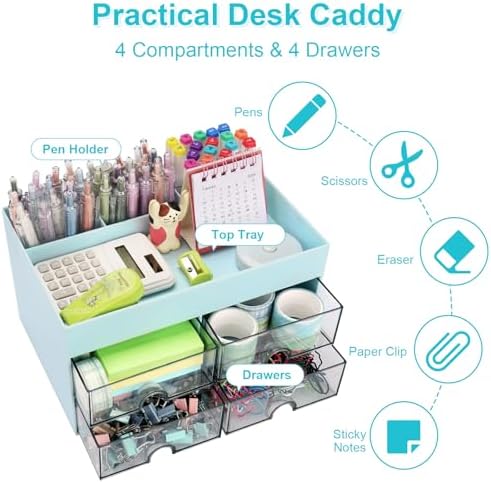 Meiikun Desk Organizer, Office Organizer with Drawer, Desk Accessories & Workspace Organizers, Pen Holder Office Supplies for Desk (4 Drawers+4 Compartments, Blue)