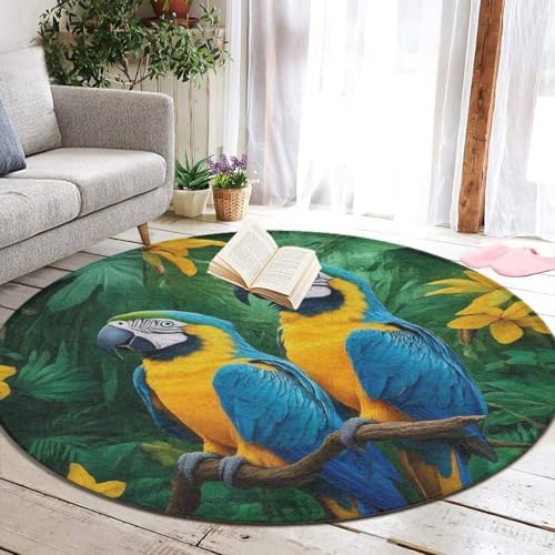 Machine Washable Modern Round Area Rug, Room Sofa Yoga Soft Round Carpet, Home Decor Non Slip Kitchen Office Circle Rug Parrots Art, 24inch