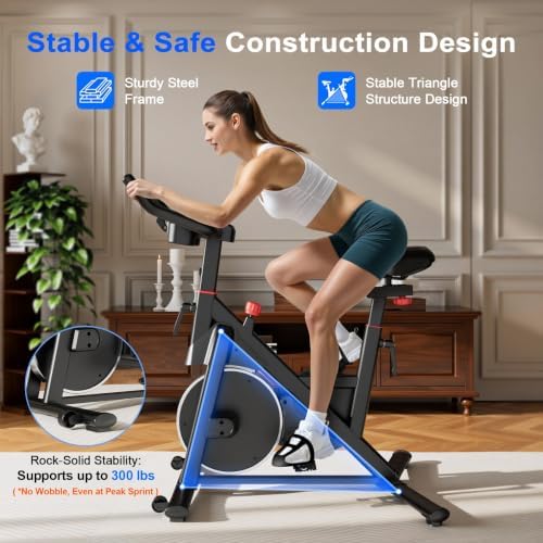 Indoor Cycling Bike - 32-Level Magnetic Resistance Stationary Exercise Bike with Adjustable Seat & Handlebars, Silent Belt Drive for Home Cardio (Fits Users 5'1" to 5'11", 300lbs Capacity)