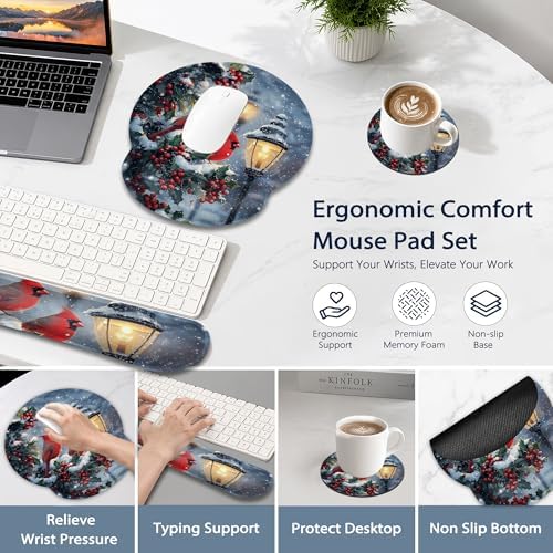 Cardinal Wrist Rest Mouse Pad and Keyboard Support Set,Berry Christmas 3 in 1 Ergonomic Memory Foam Mousepad with Non Slip Base, Gaming Mouse Pad for Office and Home