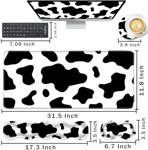Keyboard Wrist Rest and Mouse Pad with Wrist Support Set Ergonomic Coaster,Memory Foam,Easy Typing Pain Relief,Large XL Desk Mat 31.5"x 11.8",Cow Print