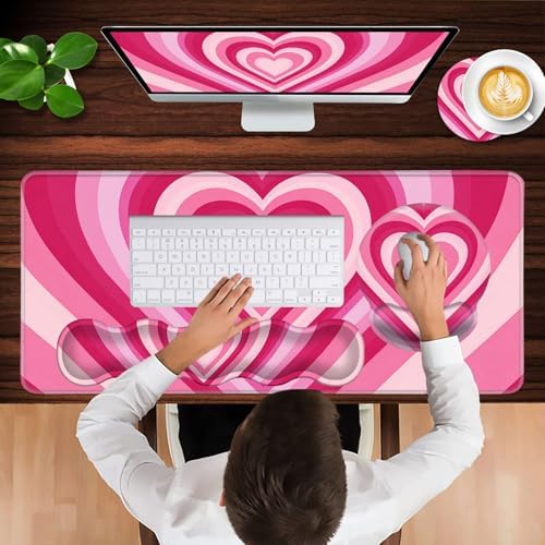 Mouse Pad,Large Pink Desk Mat, 4in1 XXL Mousepad + Keyboard Wrist Rest+Mouse Wrist Rest+Coaster Set with Ergonomic Desk Pad for Home Office Table Computer-Heart Pink