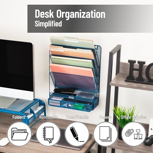Mind Reader 4-Tier Vertical File Storage, Desktop Organizer, Wall Mount, Office, Metal Mesh, 12.5"L x 4"W x 16.5"H, Turquoise