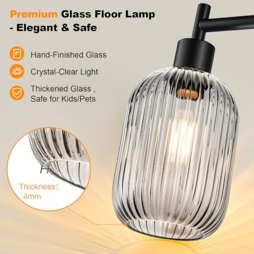 【Upgraded】 Dimmable Floor Lamp for Living Room with Gray Ribbed Glass Lampshade, Black Modern Floor Lamp with 900LM LED Bulb Included, Arc Standing Tall Lamp for Bedroom, Office, Reading Room, Corner