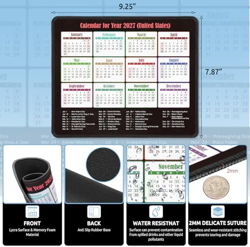 KONVINIT Ergonomic Mouse Pad with Wrist Rest, Black Mousepad with Non-Slip Rubber Base and Smooth Surface, Small Mouse Pads for Desk, Office Desk Accessories (2027 Calendar)