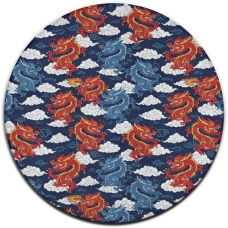 Large Home Decor Mat, Soft Round Yoga Carpet, Non Slip Machine Washable Kitchen Office Circle Rug Cool Japanes Dragons, 60inch