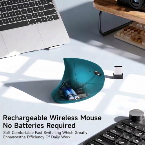 Ergonomic Vertical Wireless Mouse Stylish Rechargeable 2.4G Optical Mice Cordless Mouse with USB Receiver, 800/1200 /1600 DPI, 5 Buttons for Laptop,PC,Mac,Computer (Dark Green)