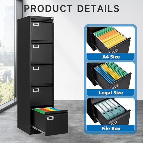 BYNSOE 5 Drawer File Cabinet with Lock Metal Vertical File Cabinet Office Home Vertical File Cabinet for A4 Legal/Letter Size Narrow File Cabinet Locked,Assembly Required