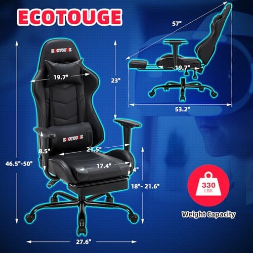 ECOTOUGE Black Ergonomic PC Massage Gaming Chair with Footrest