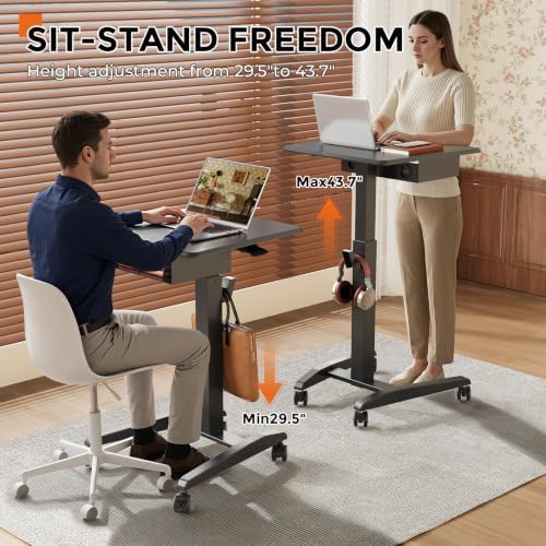 JOY worker Rolling Laptop Desk with Drawer, 23.6" Small Black Mobile Desk