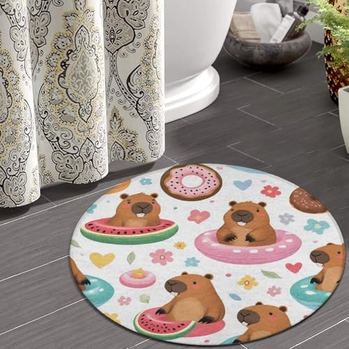 Soft Round Yoga Carpet, Large Home Decor Mat, Non Slip Machine Washable Kitchen Office Circle Rug Cute Capybaras