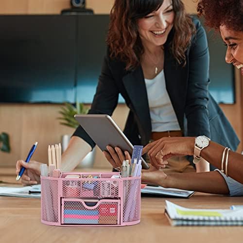 EOOUT Pink Desk Organizer Mesh Pencil Holder 8 Compartments 1 Drawer