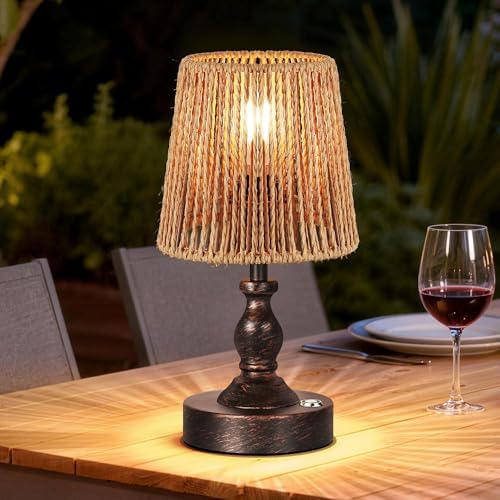 PARTPHONER Mini Cordless LED Table Lamp, 5200mAh Rechargeable Battery Operated Lamp, 3-Level Brightness, Touch Dimmable Desk Lamp, Bedside Night Light with Rattan Shade, Oil Rubbed Bronze
