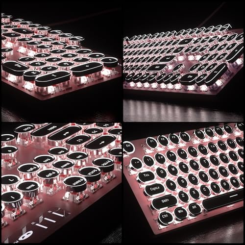 Retro Pink Typewriter-Style Keyboard and Mouse Combo, Cute Light Up Wired Mechanical Keyboard with Linear Red Switches, Full Size for Gaming, Work, Mac, PC, Windows