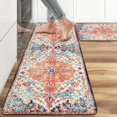 Boho Anti Fatigue Kitchen Mat, Orange, 17"x47"+17"x29"