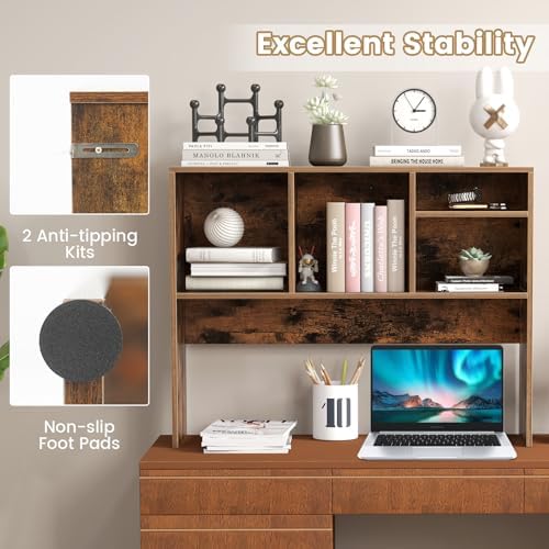 Giantex Desktop Bookshelf, Countertop Storage Hutch with 4 Shelves for Computer Desk, Dressing Tabletop Display Rack, Multipurpose Desk Hutch Storage Organizer for Home Office Dorm (Rustic Brown)