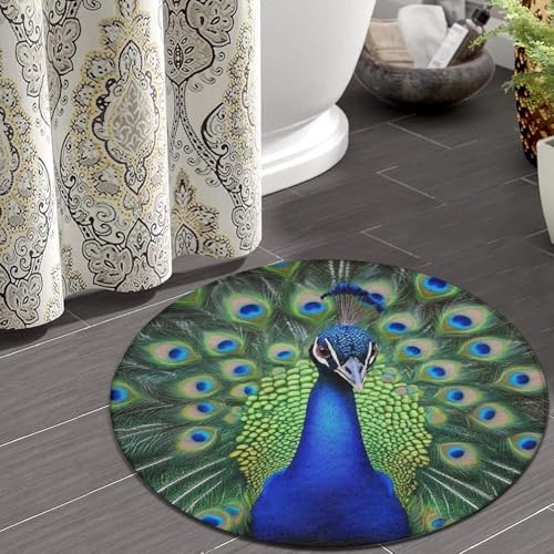 Machine Washable Modern Round Area Rug, Room Sofa Yoga Soft Round Carpet, Home Decor Non Slip Kitchen Office Circle Rug Peacock Feather, 60inch