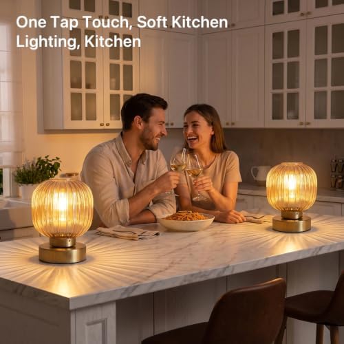 Elenhome Amber Touch Glass Table Lamp Set of 2, 3-Way Dimmable Bedside Lamps, Vintage Mid-Century Modern Nightstand Lamps for Bedroom and Living Room, Ambient Mood Lighting, LED Bulb Included