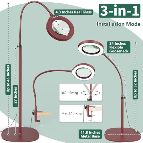 15X Magnifying Glass with Light and Stand, Optical Grade Real Glass Lens, 5 Color Modes, Stepless Dimmable, 24" Flexible Gooseneck 3-in-1 Floor Lamp, LED Lighted Magnifier Hands Free for Hobby - Red
