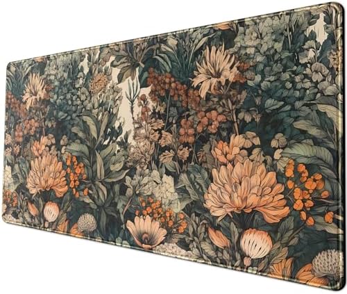 Flower Vintage Desk Pad Aesthetic Desk Mat Flower Mouse Pad Computer Big Mousepad Non-Slip Base Gaming Keyboard Giant Mouse Pad Computer Mat for Laptop Office with Stitched Eges 31.5x11.8 in