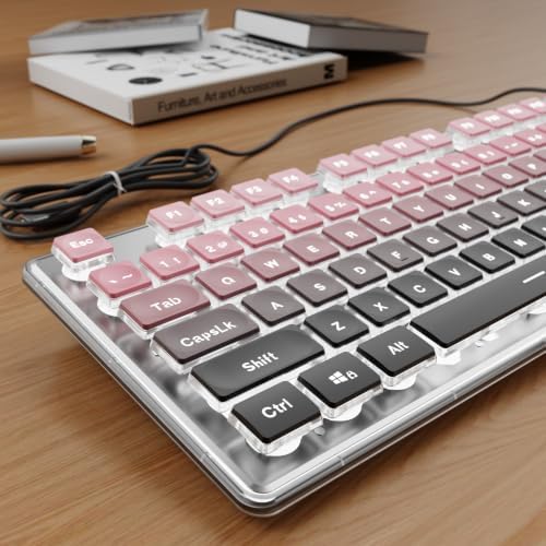 Wired Keyboard with White Backlight Pudding Keycaps, Pink-Black Ombré