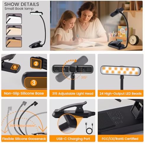 2PCS LED Rechargeable Book Light for Reading with Memory Function- Eye Caring 3 Color Temperatures, Reading Light 5 Brightness Levels, 80 Hrs Runtime Flexible Goose Neck Clip on Desk Lamp