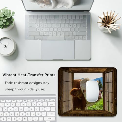 Funny Cow at Rustic Wooden Window Mouse Pad, Farmhouse Durable Desk Mat