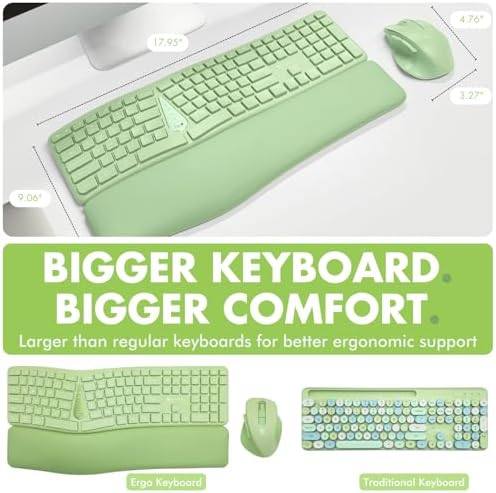 X9 Ergonomic Keyboard and Mouse Wireless Combo - Green Split Keyboard and Mouse Set, Bluetooth/2.4G, Soft Wrist Rest, Rechargeable, Silent Keys, Multi-Device for Laptop, PC, Mac, iOS, Android