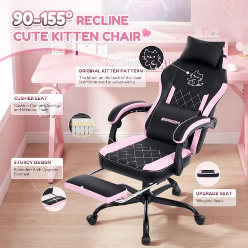 Cute Gaming Chair, Ergonomic Computer Gamer Chair, Black and Pink