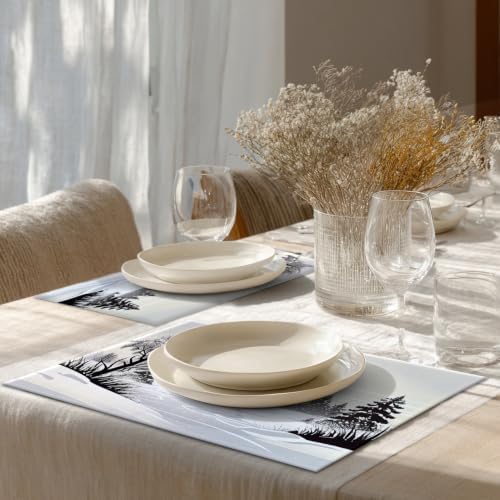 Shrahala Winter Landscape Set of 8 12 X 18 Inch Linen Placemats, Grey and White Snow Fields Burlap Table Mat Washable Double Layered Heat Insulation for Indoor