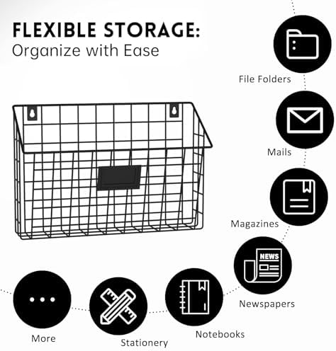 X-cosrack 4-Tier Hanging Wall File Holder Vertical Wall Mount Metal Wall File Organizer with Tag Slot Document Magazine Rack Mail Organizer for Office Home, Black