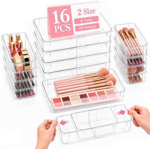 16 PCS Extendable Drawer Organizer Set Clear Stackable Vanity Storage Bins