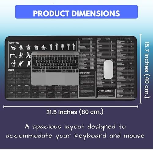 Mac Productivity Desk Mat – Keyboard Shortcuts, Wellness Guide & 3-Year Calendar | XL Office Mouse Pad for Excel, Word & macOS Shortcuts | Ergonomic Workspace Mat