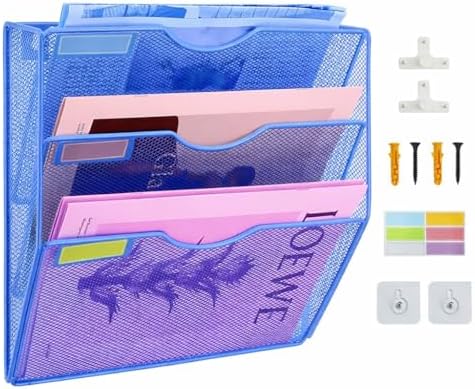 3 Pockets Mesh Wall File Holder Organizer Office Hanging File Folder Magazine Rack, Nametag Label Hooks Set Included (Blue)