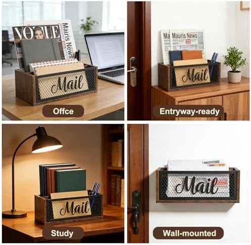 Mail Organizer Countertop, Rustic Farmhouse 2-Slot Wood & Iron Mail Holder, Retro Wall Mounted or Desk Entryway Letter Bill Envelope Sorter, No Assembly