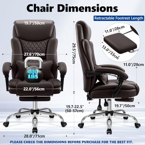 Ergonomic Executive Office Chair PU Leather High Back, 400lbs Heavy Duty Reclining Desk Chair with Footrest, Adjustable Lumbar Support, Padded Armrests, Wide Seat, Brown